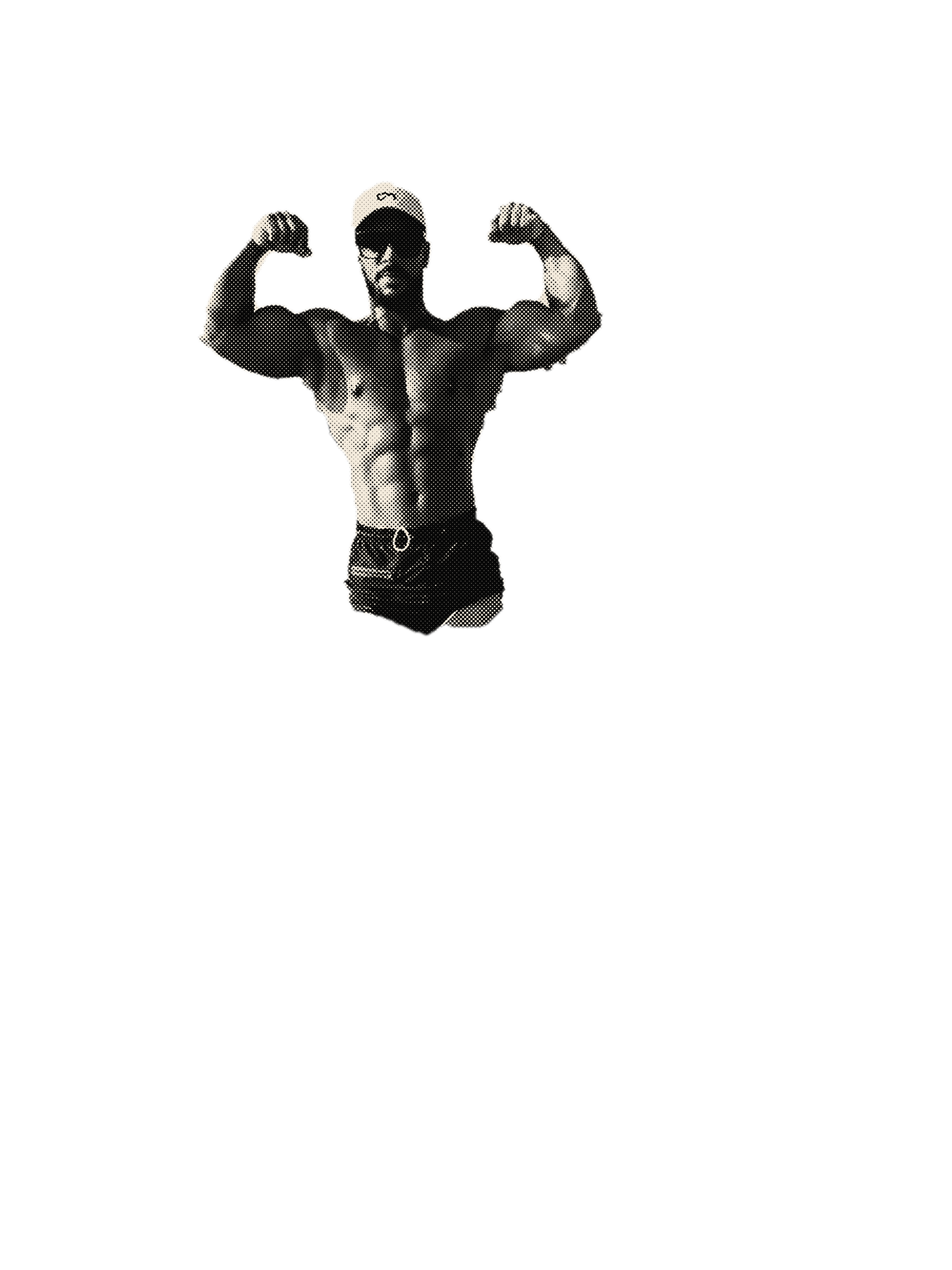 Abed Alpha in a front double biceps pose, printed in pale dots on black