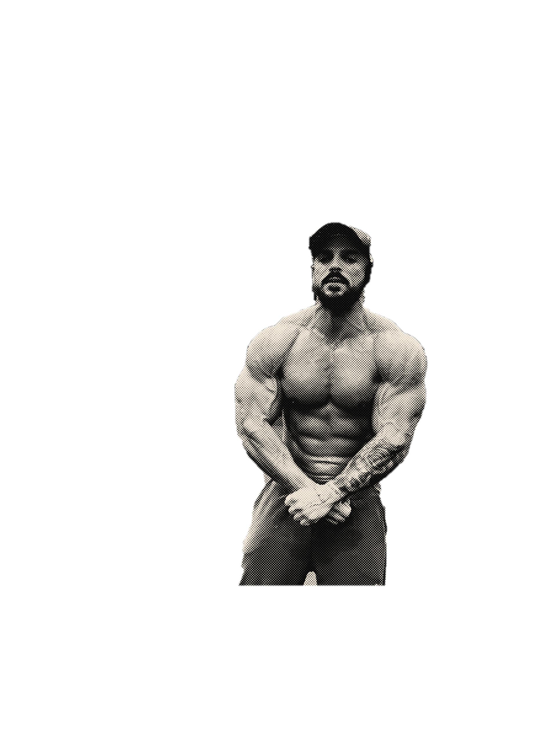 Abed Alpha in a most muscular pose, printed in pale dots on black