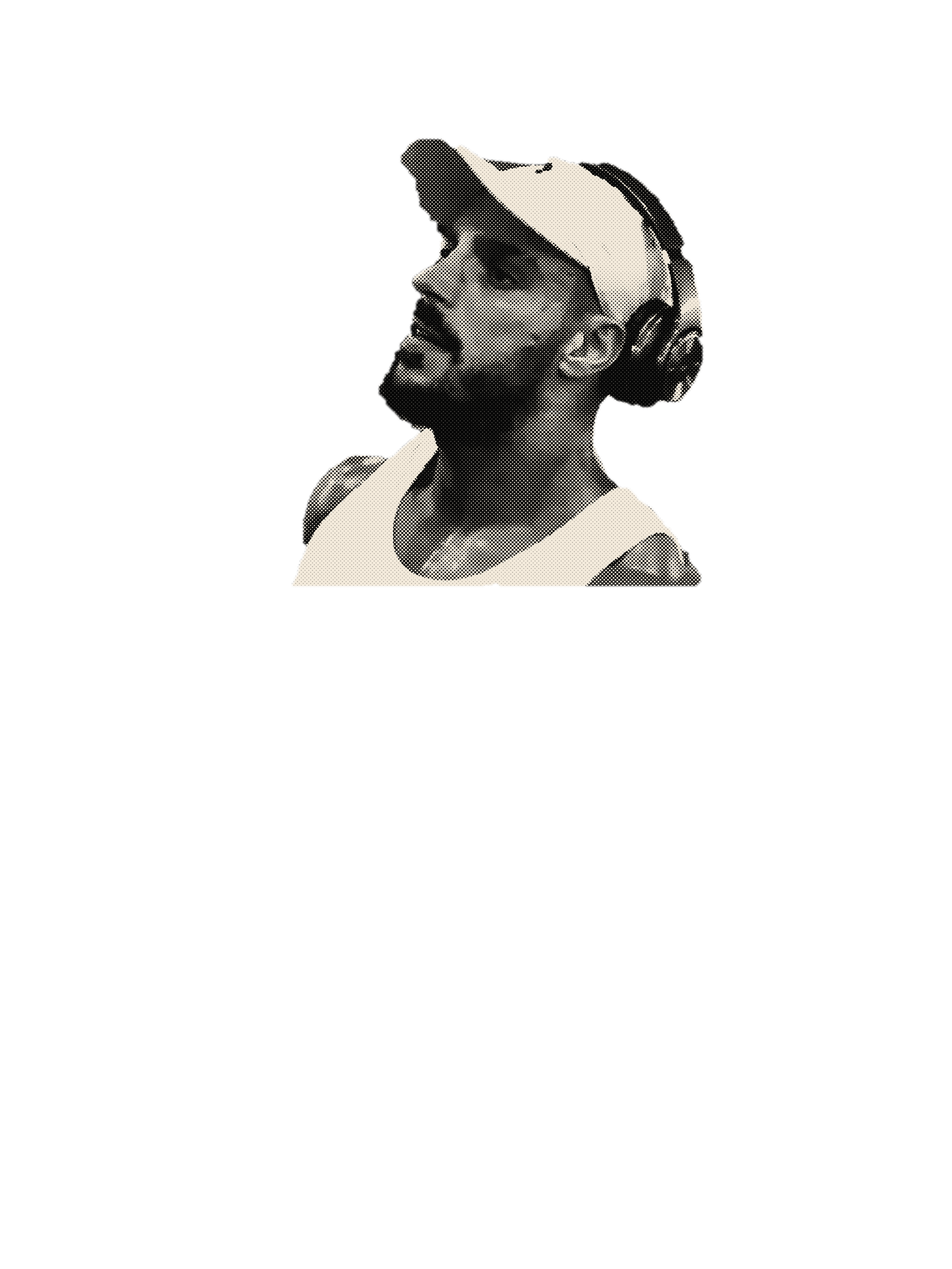 Abed Alpha in a cap and headphones, looking up, printed in pale dots